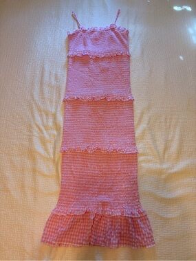 MARBLE Pink Gingham Trim Tiered Smocked Midi Dress